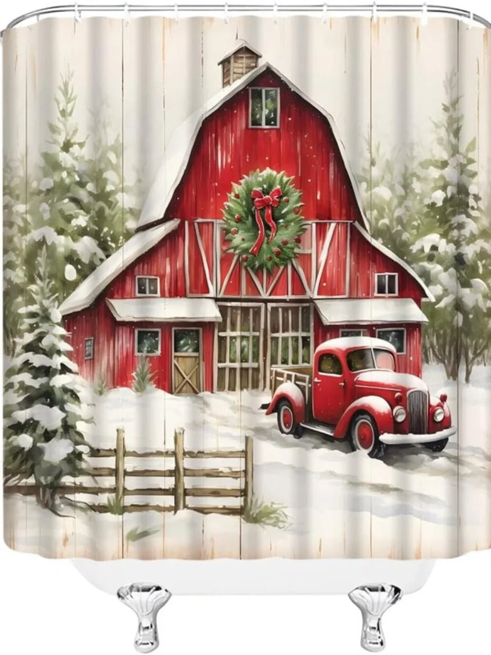Rustic Farmhouse Christmas Shower Curtain - Red Truck, Pine Trees, Snowflakes
